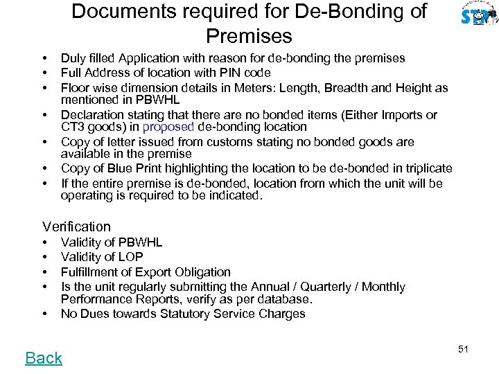 Documents required for De-Bonding of Premises • • Duly filled Application with reason for