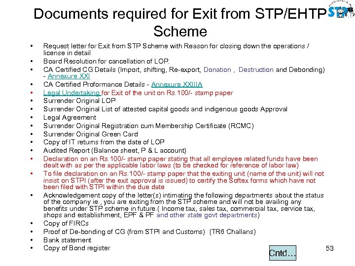 Documents required for Exit from STP/EHTP Scheme • • • • • Request letter