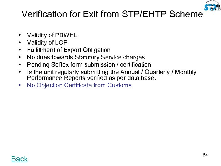 Verification for Exit from STP/EHTP Scheme • • • Validity of PBWHL Validity of