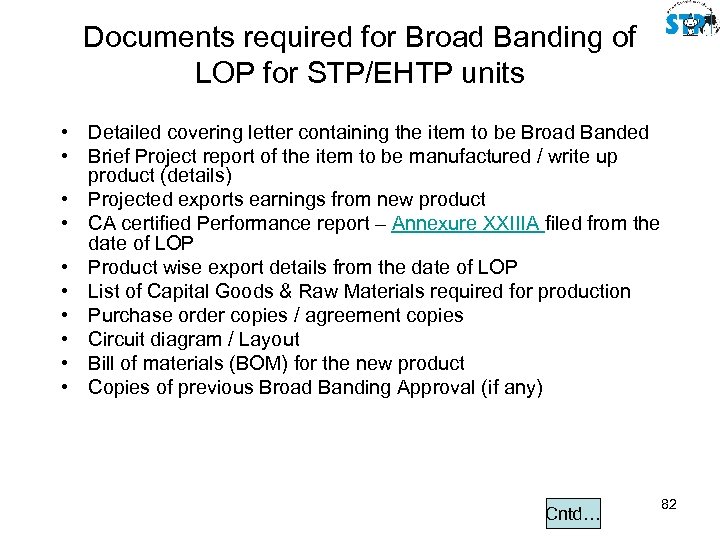 Documents required for Broad Banding of LOP for STP/EHTP units • Detailed covering letter