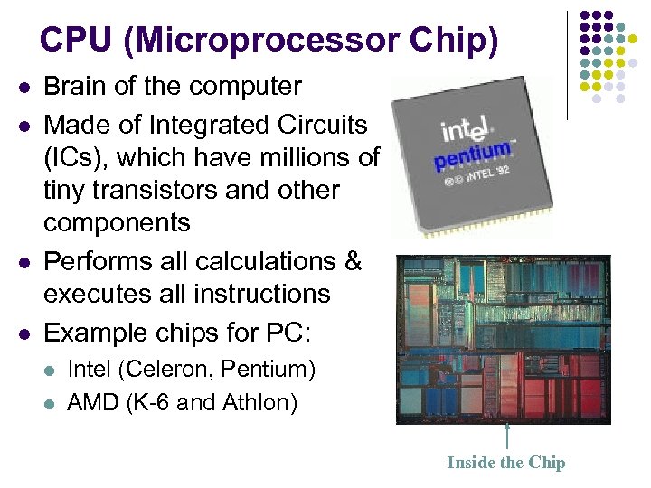 CPU (Microprocessor Chip) l l Brain of the computer Made of Integrated Circuits (ICs),