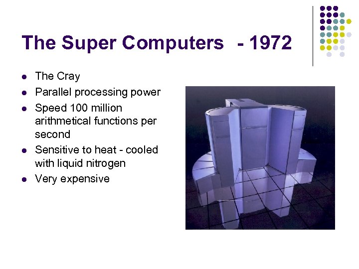 The Super Computers - 1972 l l l The Cray Parallel processing power Speed