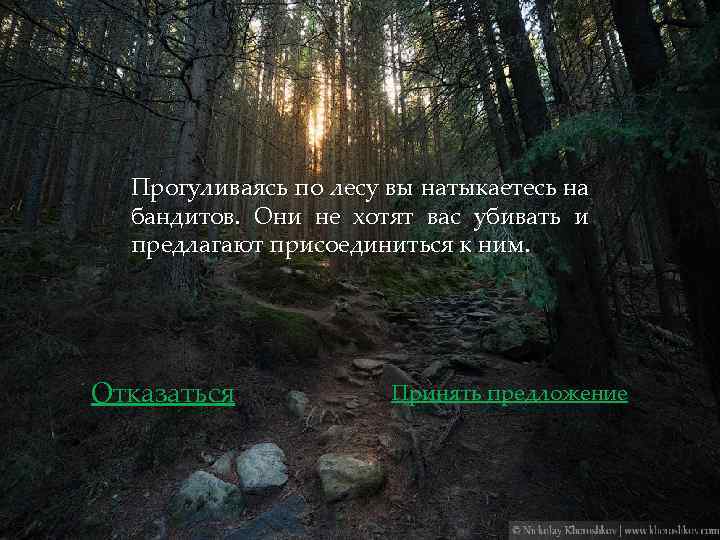 Прогуливаясь по лесу вы натыкаетесь на бандитов. Они не хотят вас убивать и предлагают