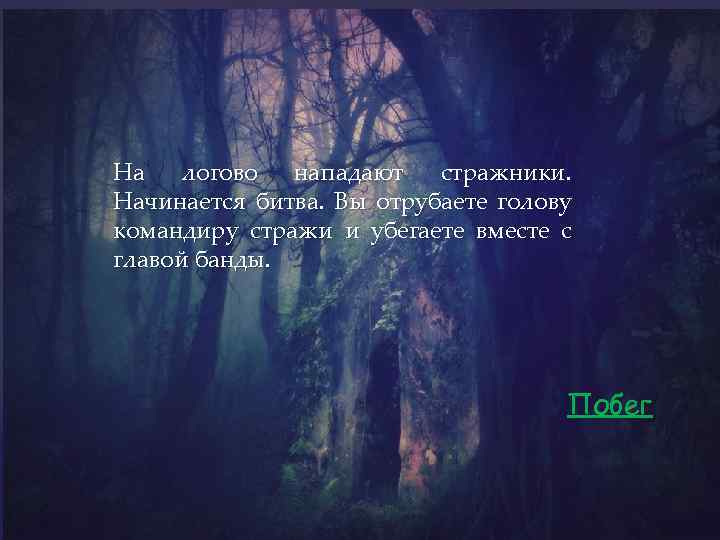 На логово нападают стражники. Начинается битва. Вы отрубаете голову командиру стражи и убегаете вместе