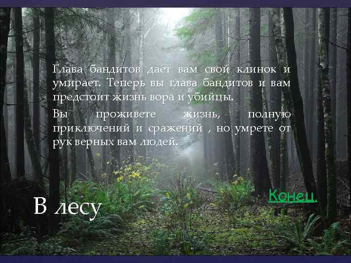 Глава бандитов дает вам свой клинок и умирает. Теперь вы глава бандитов и вам