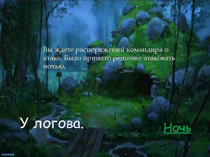 Вы ждете распоряжений командира о атаке. Было принято решение атаковать ночью. У логова. Ночь