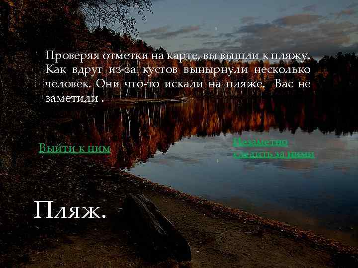 Проверяя отметки на карте, вы вышли к пляжу. Как вдруг из-за кустов вынырнули несколько