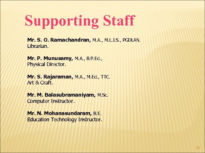 Supporting Staff Mr. S. O. Ramachandran, M. A. , M. L. I. S. ,