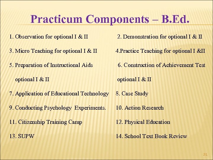 Practicum Components – B. Ed. 1. Observation for optional I & II 2. Demonstration