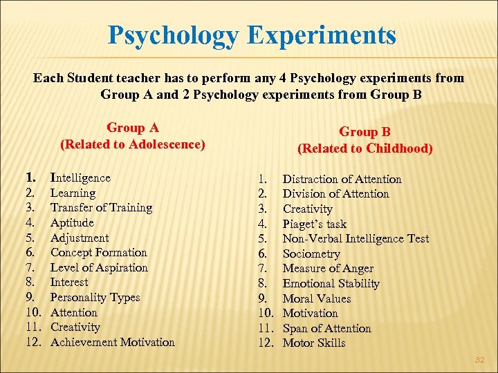 Psychology Experiments Each Student teacher has to perform any 4 Psychology experiments from Group