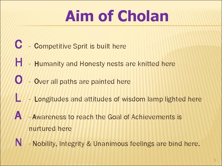 Aim of Cholan C H O L A - Competitive Sprit is built here