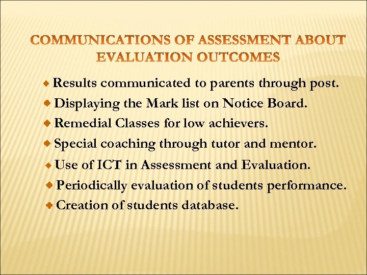 Results communicated to parents through post. Displaying the Mark list on Notice Board. Remedial