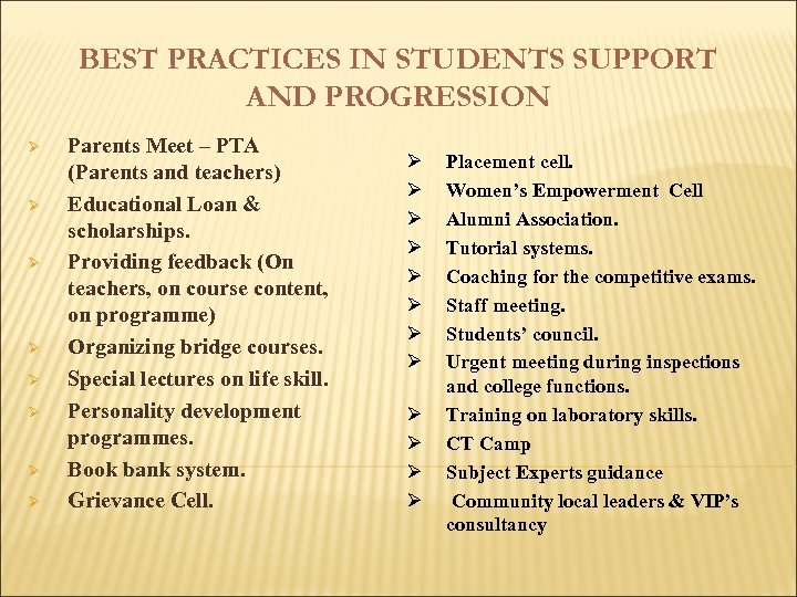 BEST PRACTICES IN STUDENTS SUPPORT AND PROGRESSION Ø Ø Ø Ø Parents Meet –