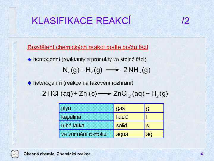 KLASIFIKACE REAKCÍ /2 Rozdělení chemických reakcí podle počtu fází u homogenní (reaktanty a produkty