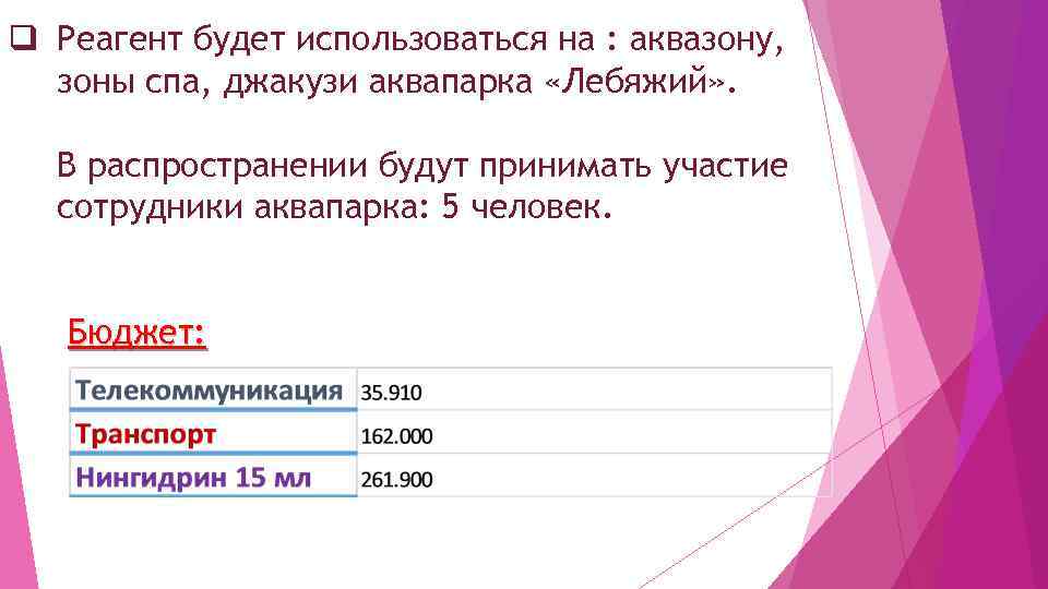 q Реагент будет использоваться на : аквазону, зоны спа, джакузи аквапарка «Лебяжий» . В