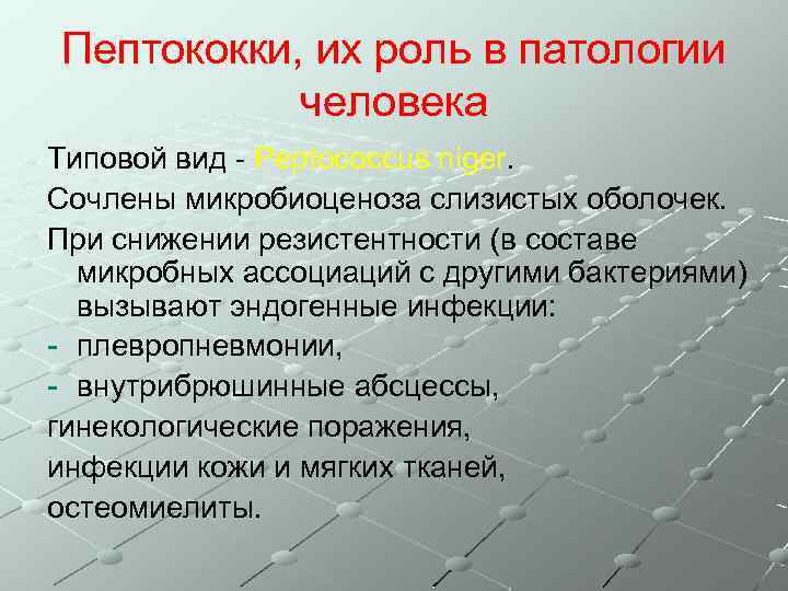 Пептококки, их роль в патологии человека Типовой вид - Peptococcus niger. Сочлены микробиоценоза слизистых