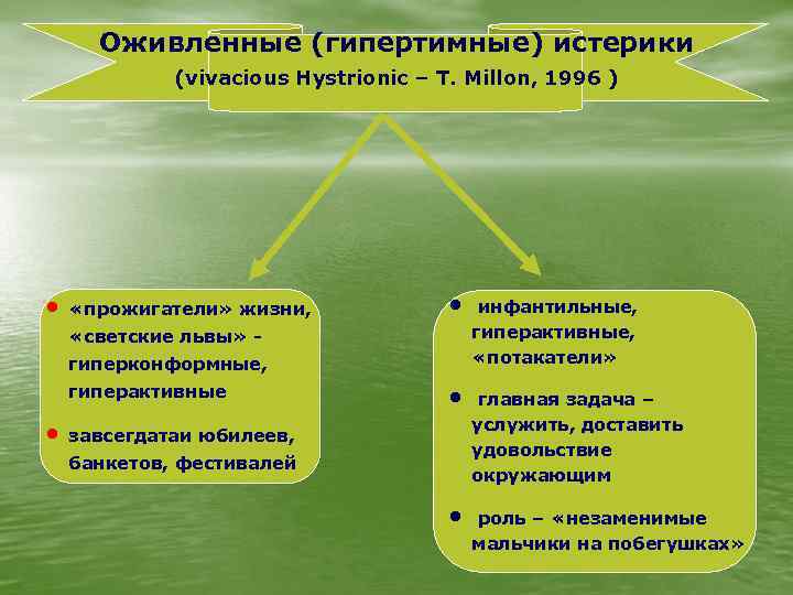 Оживленные (гипертимные) истерики (vivacious Hystrionic – T. Millon, 1996 ) • «прожигатели» жизни, •