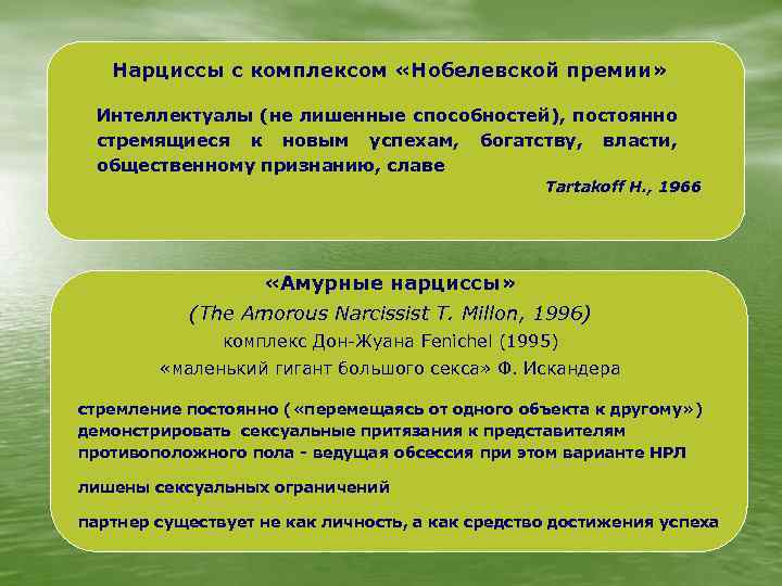 Нарциссы с комплексом «Нобелевской премии» Интеллектуалы (не лишенные способностей), постоянно стремящиеся к новым успехам,