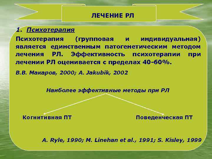 ЛЕЧЕНИЕ РЛ 1. Психотерапия (групповая и индивидуальная) является единственным патогенетическим методом лечения РЛ. Эффективность