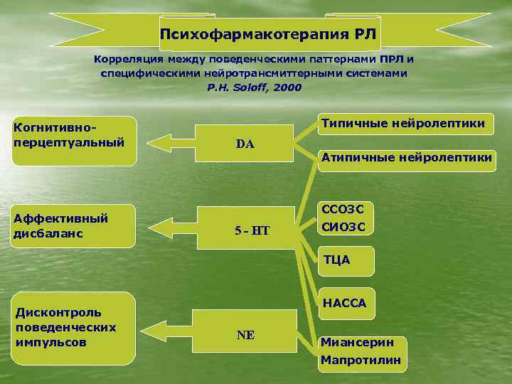 Психофармакотерапия РЛ Корреляция между поведенческими паттернами ПРЛ и специфическими нейротрансмиттерными системами P. H. Soloff,