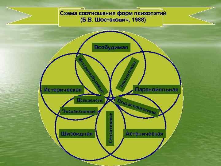 Схема соотношения форм психопатий (Б. В. Шостакович, 1988) Возбудимая Пси Шизоидная Паранойяльная хаст енич