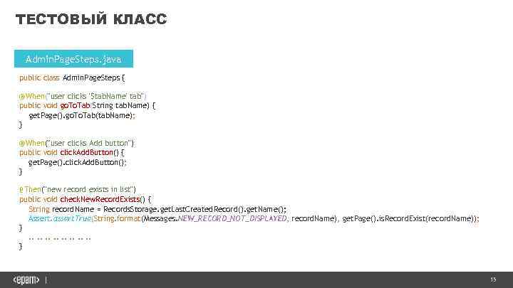ТЕСТОВЫЙ КЛАСС Admin. Page. Steps. java public class Admin. Page. Steps { @When("user clicks