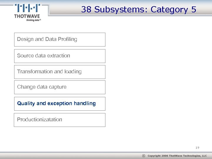 38 Subsystems: Category 5 Design and Data Profiling Source data extraction Transformation and loading