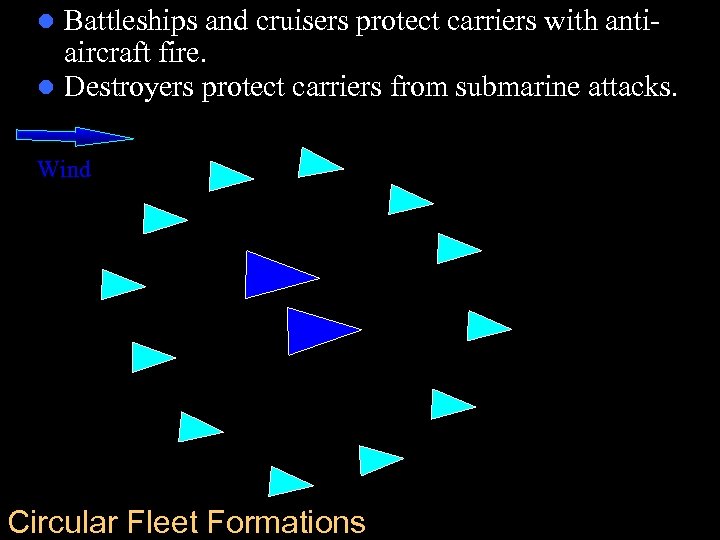 Battleships and cruisers protect carriers with antiaircraft fire. l Destroyers protect carriers from submarine