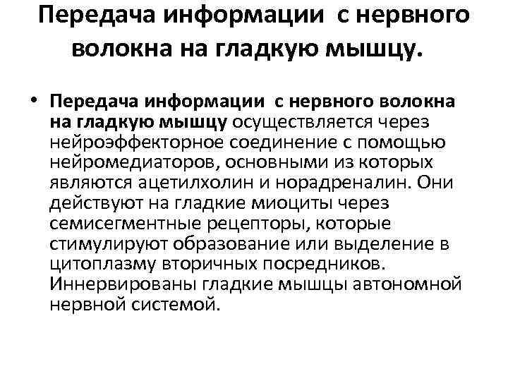 Передача информации с нервного волокна на гладкую мышцу. • Передача информации с нервного волокна