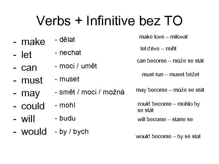 Verbs + Infinitive bez TO - make let can must may could will would
