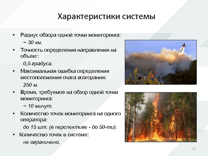 Характеристики системы • • • Радиус обзора одной точки мониторинга: ~ 30 км. Точность