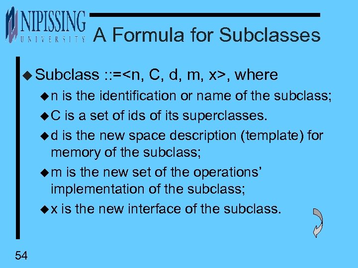 A Formula for Subclasses u Subclass : : =<n, C, d, m, x>, where
