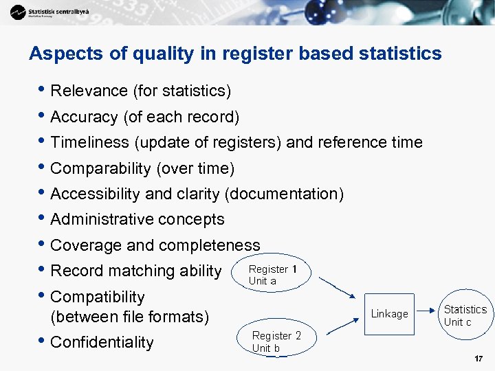 Aspects of quality in register based statistics • Relevance (for statistics) • Accuracy (of