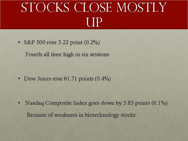 Stocks Close Mostly UP • S&P 500 rose 3. 22 point (0. 2%) Fourth