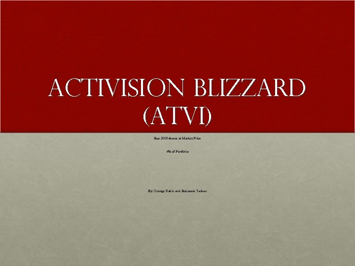 Activision Blizzard (ATVI) Buy 2000 shares at Market Price 4% of Portfolio By: George