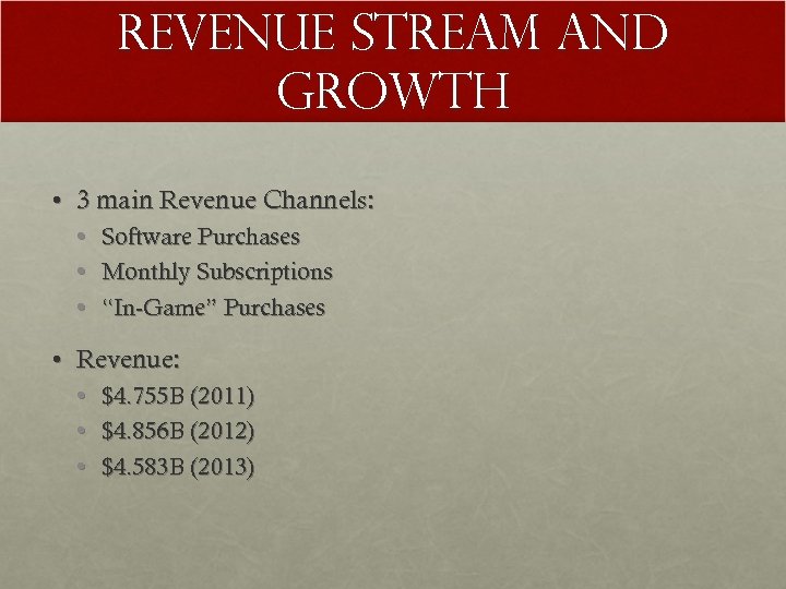 Revenue Stream and Growth • 3 main Revenue Channels: • • • Software Purchases
