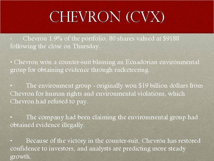 CHEVRON (CVX) Chevron 1. 9% of the portfolio, 80 shares valued at $9188 following