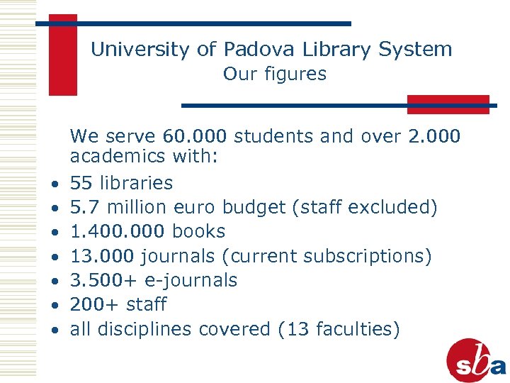 University of Padova Library System Our figures · · · · We serve 60.