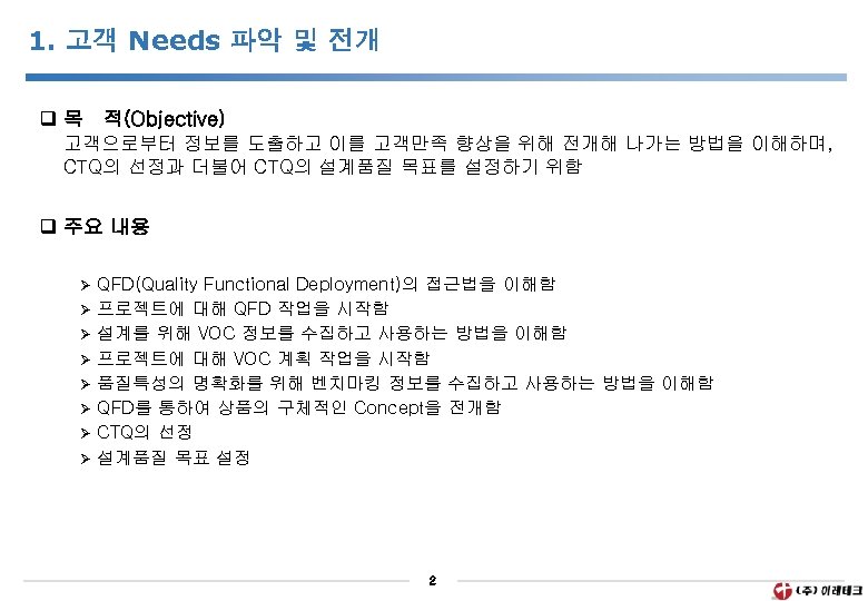 1. 고객 Needs 파악 및 전개 q 목 적(Objective) 고객으로부터 정보를 도출하고 이를 고객만족