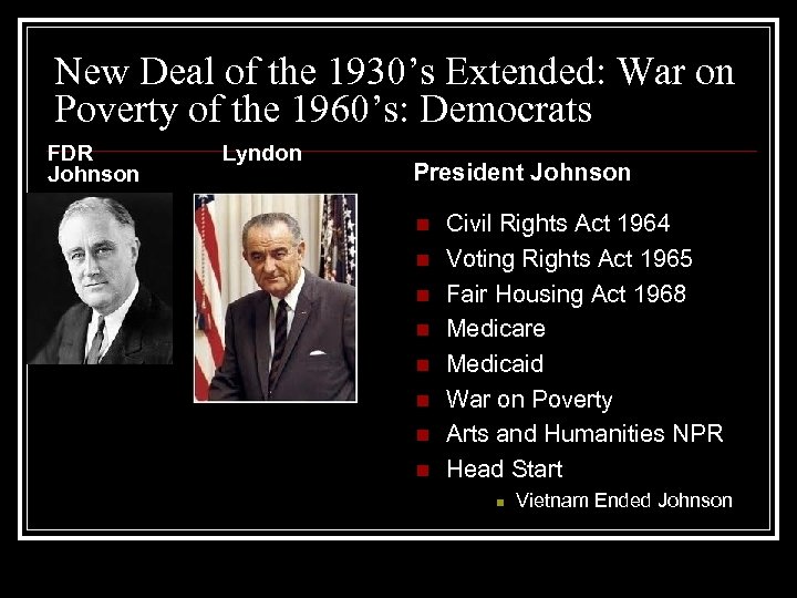 New Deal of the 1930’s Extended: War on Poverty of the 1960’s: Democrats FDR