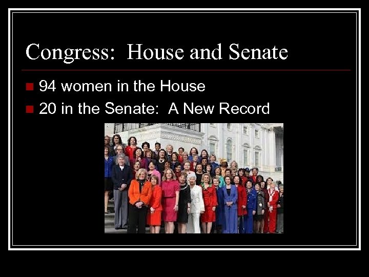 Congress: House and Senate 94 women in the House n 20 in the Senate: