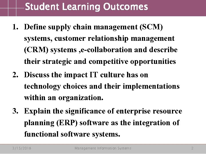 Student Learning Outcomes 1. Define supply chain management (SCM) systems, customer relationship management (CRM)