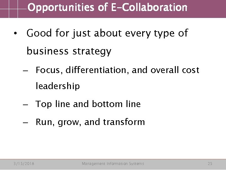 Opportunities of E-Collaboration • Good for just about every type of business strategy –