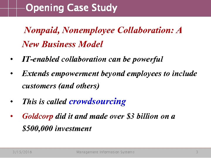 Opening Case Study Nonpaid, Nonemployee Collaboration: A New Business Model • IT-enabled collaboration can