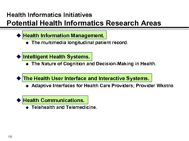 Health Informatics Initiatives Potential Health Informatics Research Areas u Health Information Management. u The