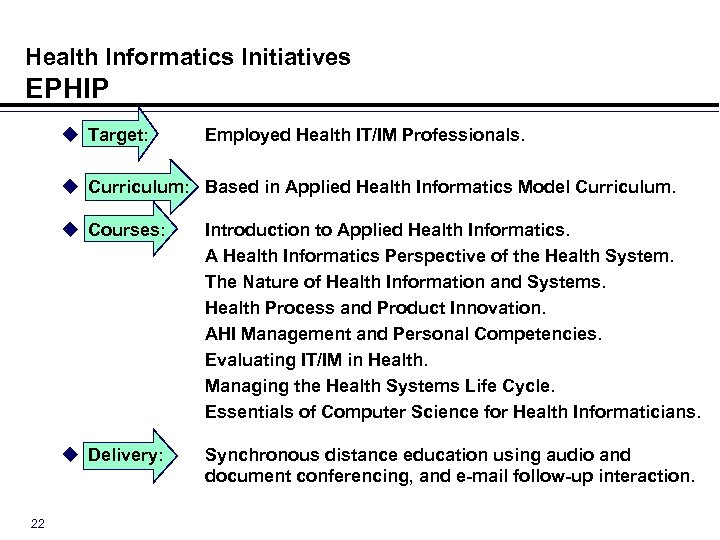 Health Informatics Initiatives EPHIP u Target: Employed Health IT/IM Professionals. u Curriculum: Based in