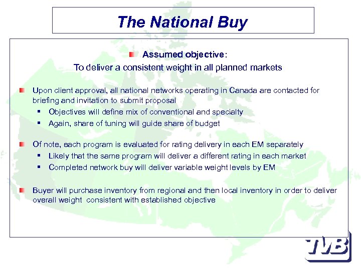 The National Buy Assumed objective: To deliver a consistent weight in all planned markets