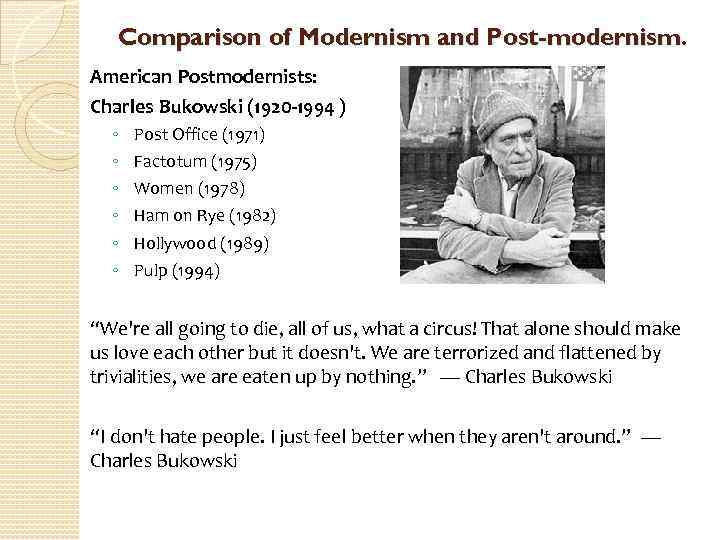 Comparison of Modernism and Post-modernism. American Postmodernists: Charles Bukowski (1920 -1994 ) ◦ ◦