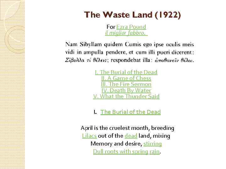 The Waste Land (1922) For Ezra Pound il miglior fabbro. I. The Burial of