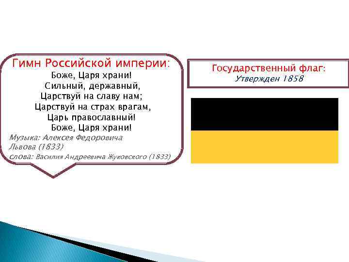 Гимн Российской империи: Боже, Царя храни! Сильный, державный, Царствуй на славу нам; Царствуй на